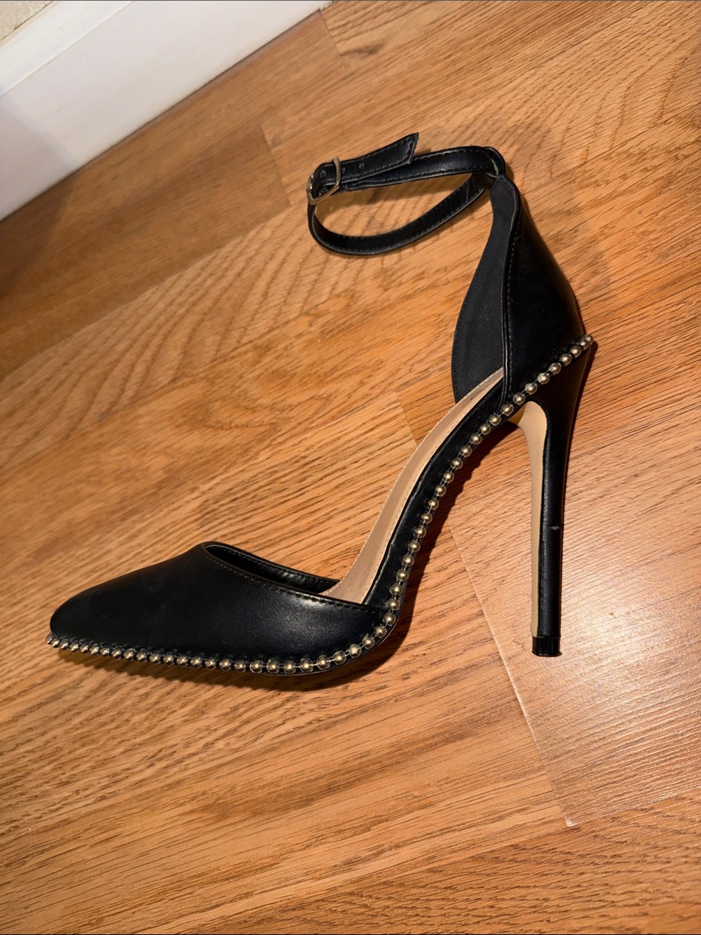 Shoe Dazzle Black Pointed-Ankle Strap Mireya Stiletto Heels with Studs